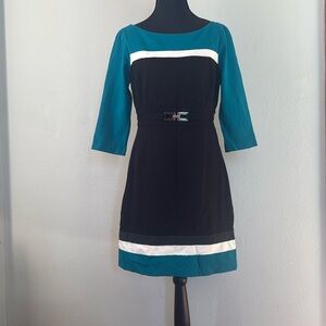 White House, Black Market midi 3/4 length sleeve teal white and black dress